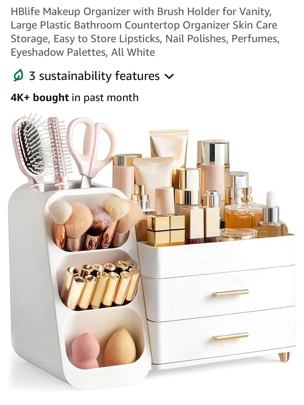 White Makeup Organizer with Brush Holder and Drawers
